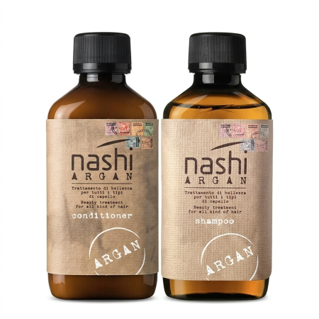 Nashi Argan Shampoo and Conditioner 200ml bottles professional hair care duo on white background